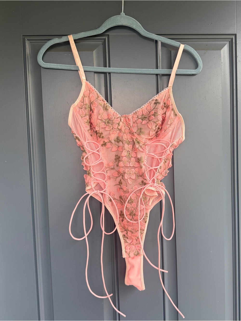 Pink Floral Lace Teddy Bodysuit, Size M